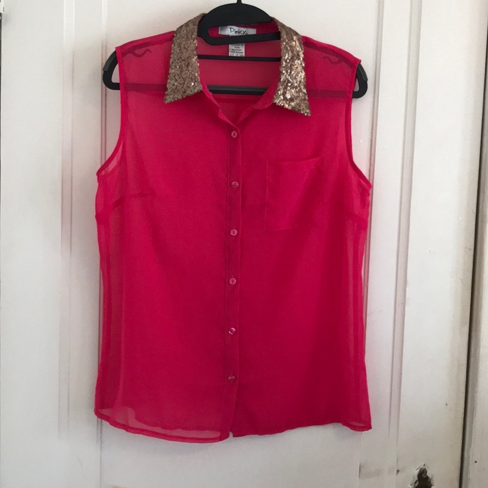 🌟PINKY Sheer Pink Sleeveless Sequin Collar Top
